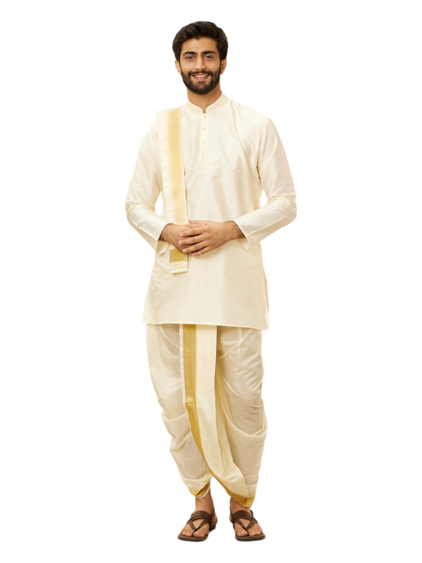Manyavar Mens Cream Art Silk Solid Kurta Pancha Set