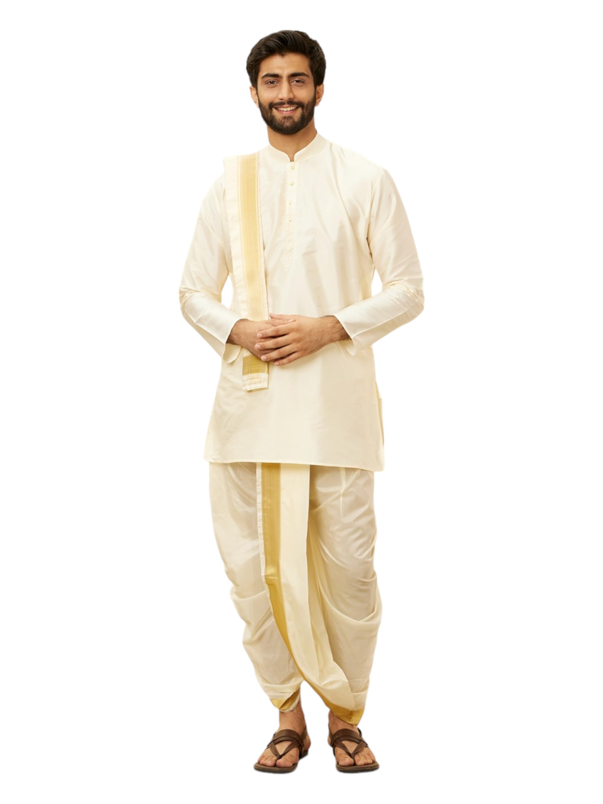 Manyavar Mens Cream Art Silk Solid Kurta Pancha Set