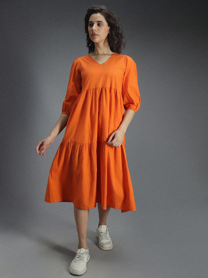 High Star Women'S Cotton Pleated Maxi Casual Dress (Hswdrs23005_Or_Orange
