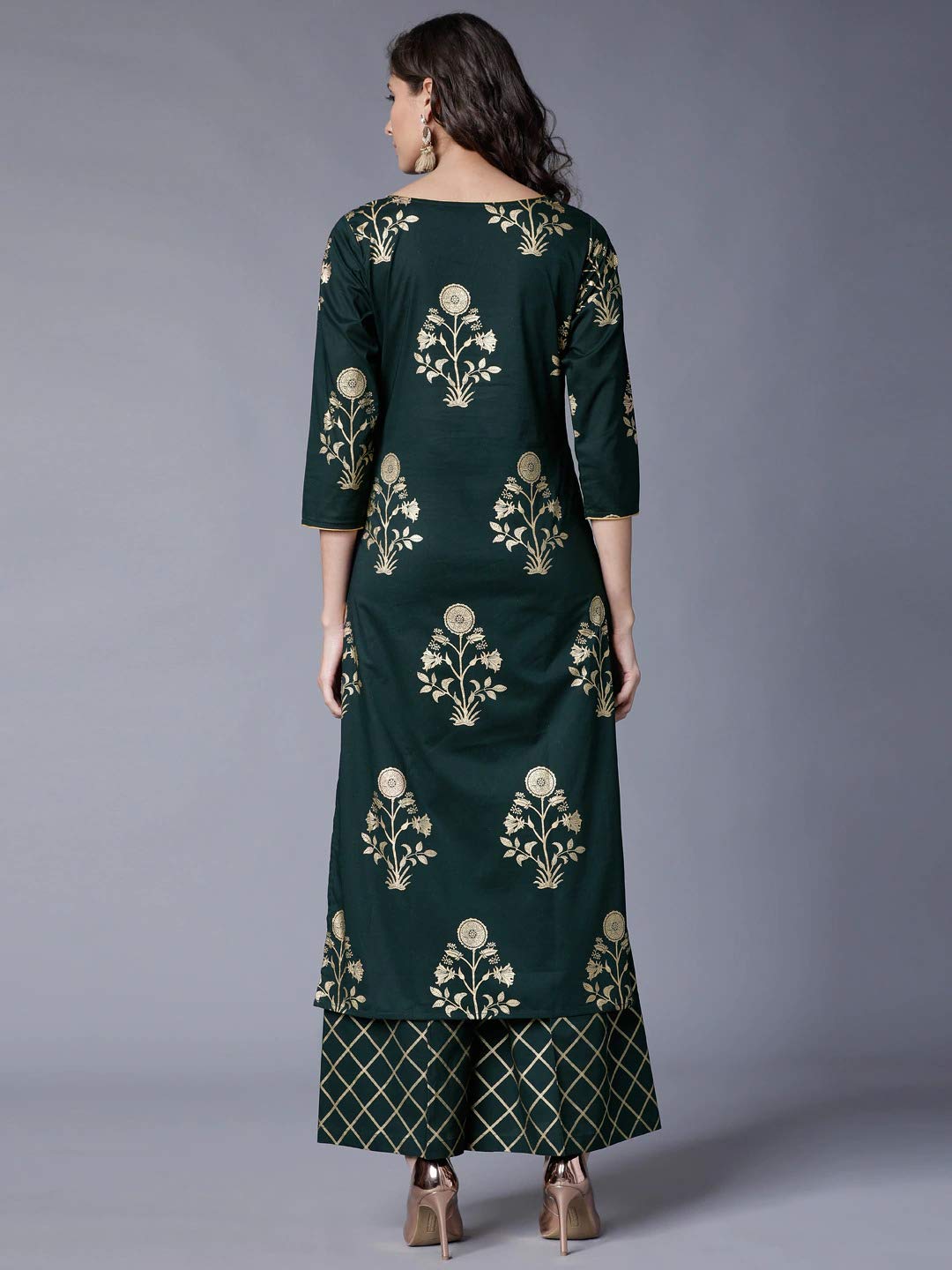 GoSriKi Women Navy Blue & Gold-Toned Printed Kurti with Palazzos (CELEMANT Blue)