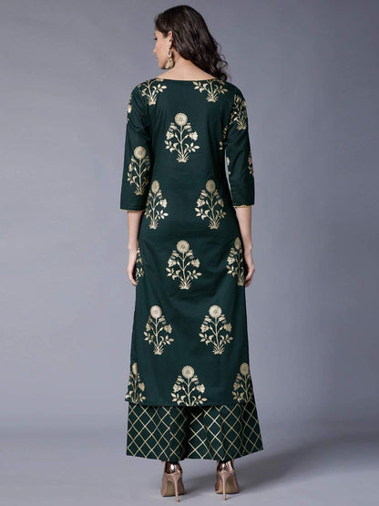 GoSriKi Women Navy Blue & Gold-Toned Printed Kurti with Palazzos (CELEMANT Blue)