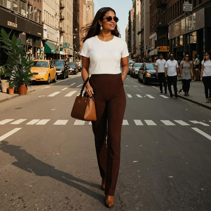 BlissClub AM PM Cotton Straight Pants for Women, Formal Trouser for Women Office Wear with High Waist, Wide Waistband and 2 Pock
