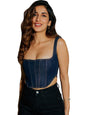Shasmi Womens Solid Slim Fit Cotton Blouse Square Neck Denim Crop Top 158_Dark Blue