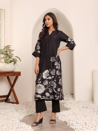 Varanga Women Black Floral Printed Kurta With Solid Trouser  Stylish And Comfortable Ethnic Set