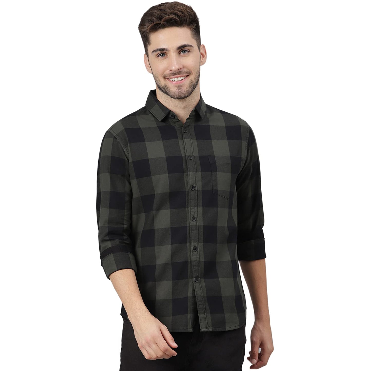 Dennis Lingo Men s Cotton Buffalo Check Slim Fit Casual Shirt with Pocket, Full Sleeve Shirt for Formal & Casual Wear (C442_OLIV