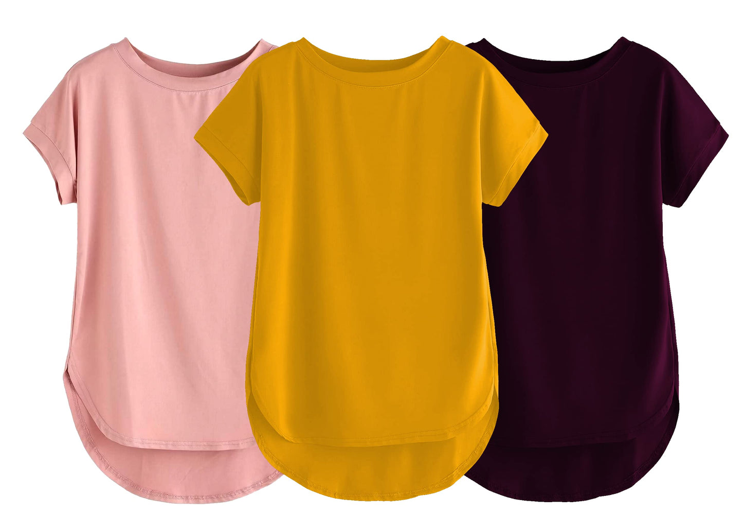 Fabricorn Combo Of Three Plain Mustard Yellow, Dusty Rose And Wine Round Neck Up And Down Cotton Tshirt For Women (Mustard Yello