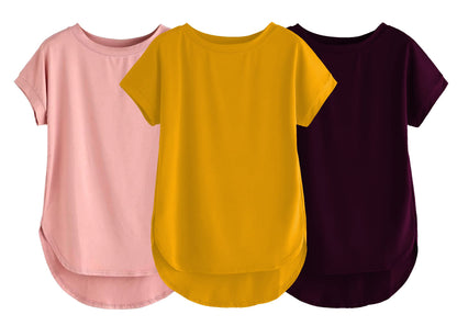 Fabricorn Combo Of Three Plain Mustard Yellow, Dusty Rose And Wine Round Neck Up And Down Cotton Tshirt For Women (Mustard Yello