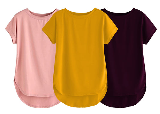 Fabricorn Combo Of Three Plain Mustard Yellow, Dusty Rose And Wine Round Neck Up And Down Cotton Tshirt For Women (Mustard Yello