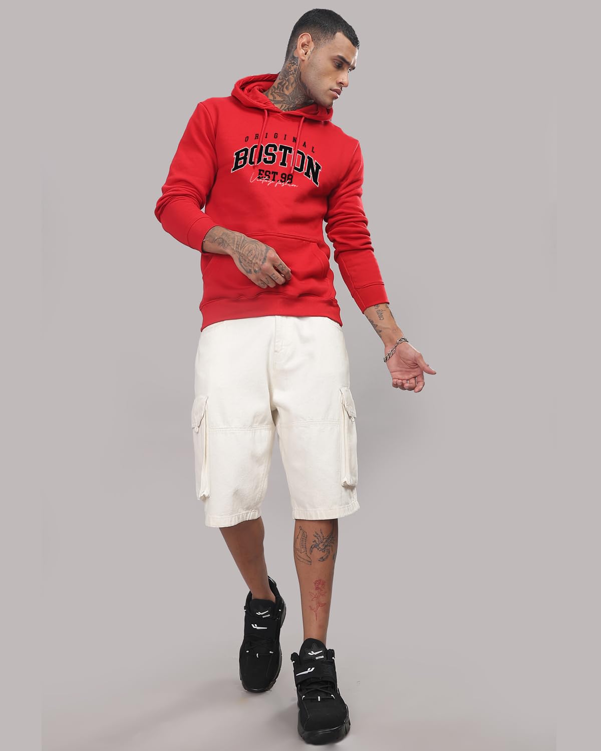 ADRO Men's Cotton Neck Hooded Sweatshirt (H24-BOST-RD_Red