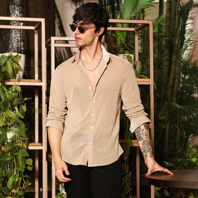 Campus Sutra Mens Sand Beige Solid Velvet Shirt for Casual Wear | Spread Collar | Long Sleeve | Button Closure | Shirt Crafted