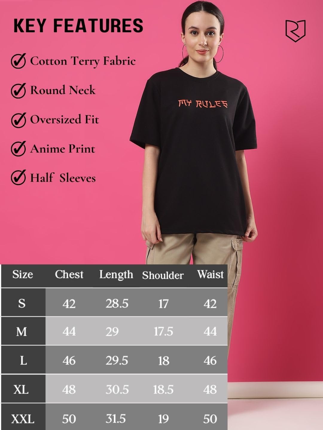 Rigo Terry Printed Oversized T-Shirt for Women | Drop Shoulder, Half Sleeves T-Shirt for Women | Oversized Baggy Fit T-Shirt for