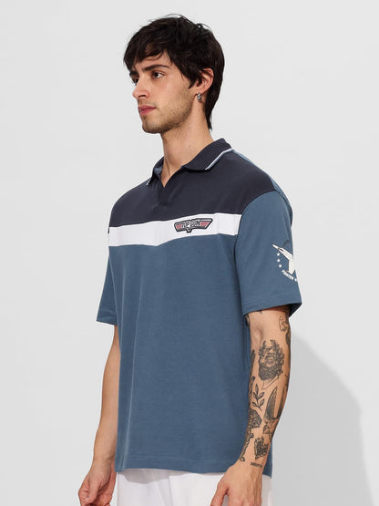 The Souled Store Official Top Gun: 1986 Men and Boys Short Sleeves Collared Neck Blue Graphic Printed Regular Fit Cotton Blend P