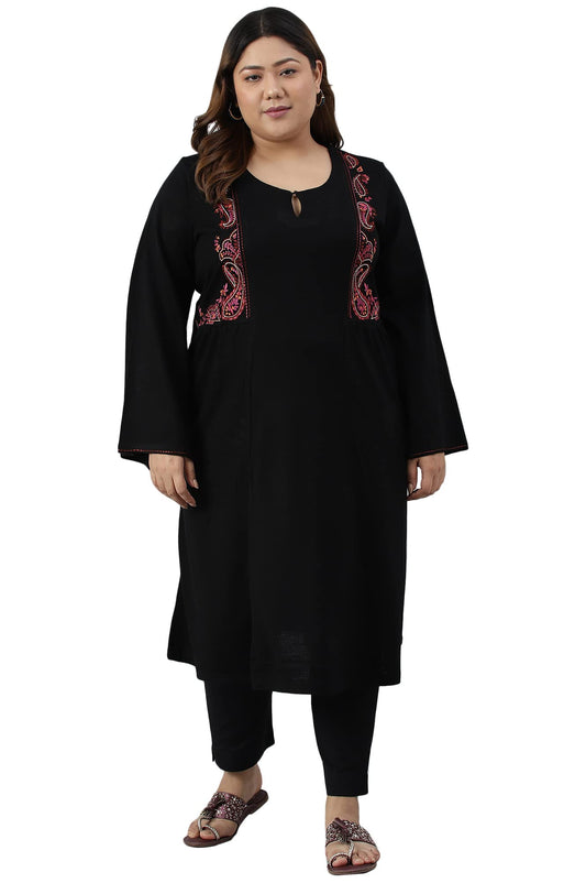 W for Woman Black Embroidered Plus Size Winter Kurta