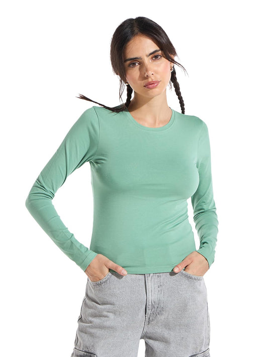 Bewakoof Womens Solid Slim Fit Full Sleeve Round Neck Cotton Lycra Blend Top_646761_Green_XS