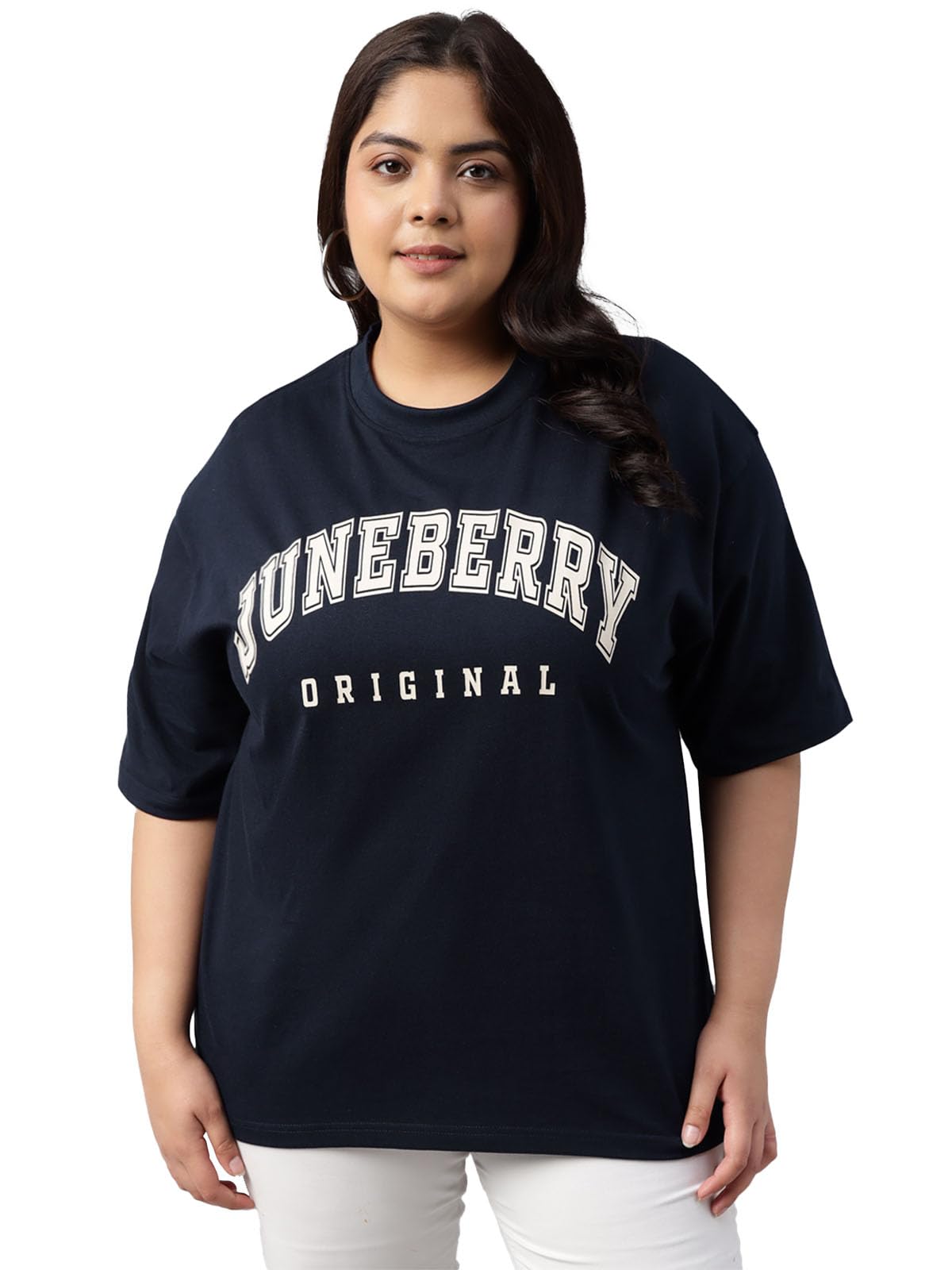 Juneberry 100% Pure Cotton Oversized Baggy Fit Cool Front Chest Graphic Printed Half Sleeve Plus Size T-Shirt For Women & Girls