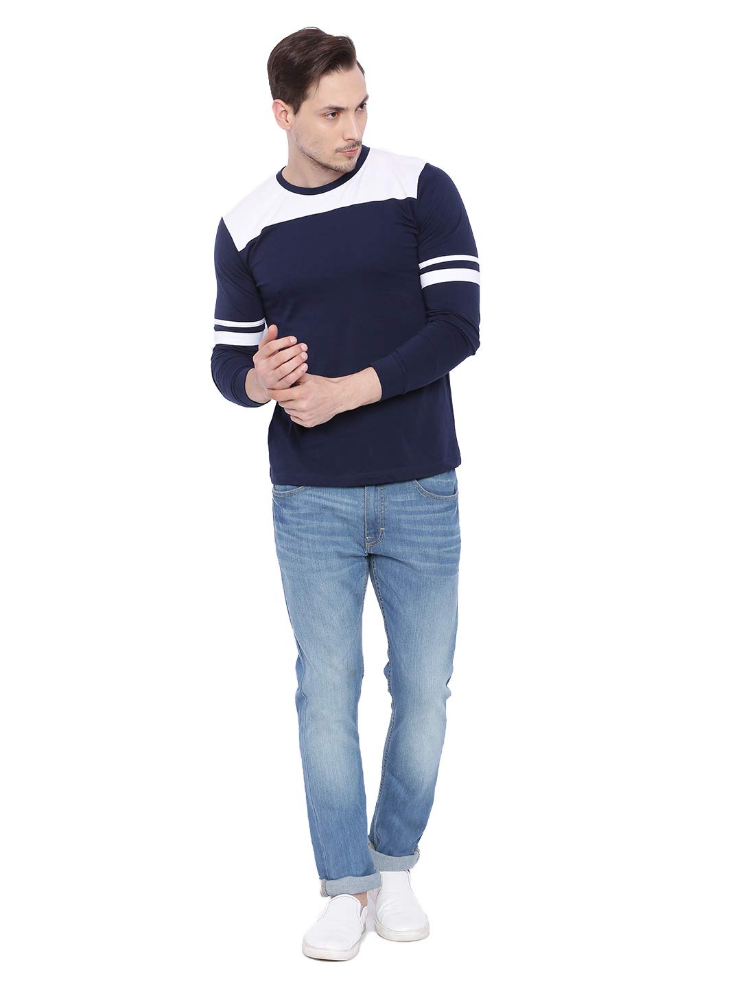 ADRO Men's Full Sleeve Cotton Color Block T-Shirts (FR2-4-TIP-NB-2XL_Navy Blue3)