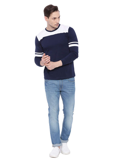 ADRO Men's Full Sleeve Cotton Color Block T-Shirts (FR2-4-TIP-NB-2XL_Navy Blue3)