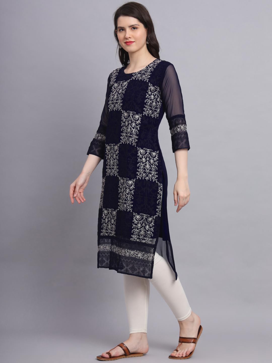VAIRAGEE Womens Georgette Straight Cut Round Neck Kurta with Beautiful Lucknowi Chickenkari Work (1605) Navy Blue