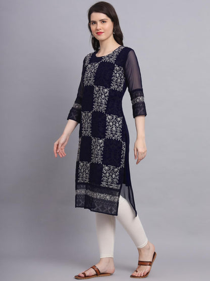 VAIRAGEE Womens Georgette Straight Cut Round Neck Kurta with Beautiful Lucknowi Chickenkari Work (1605) Navy Blue