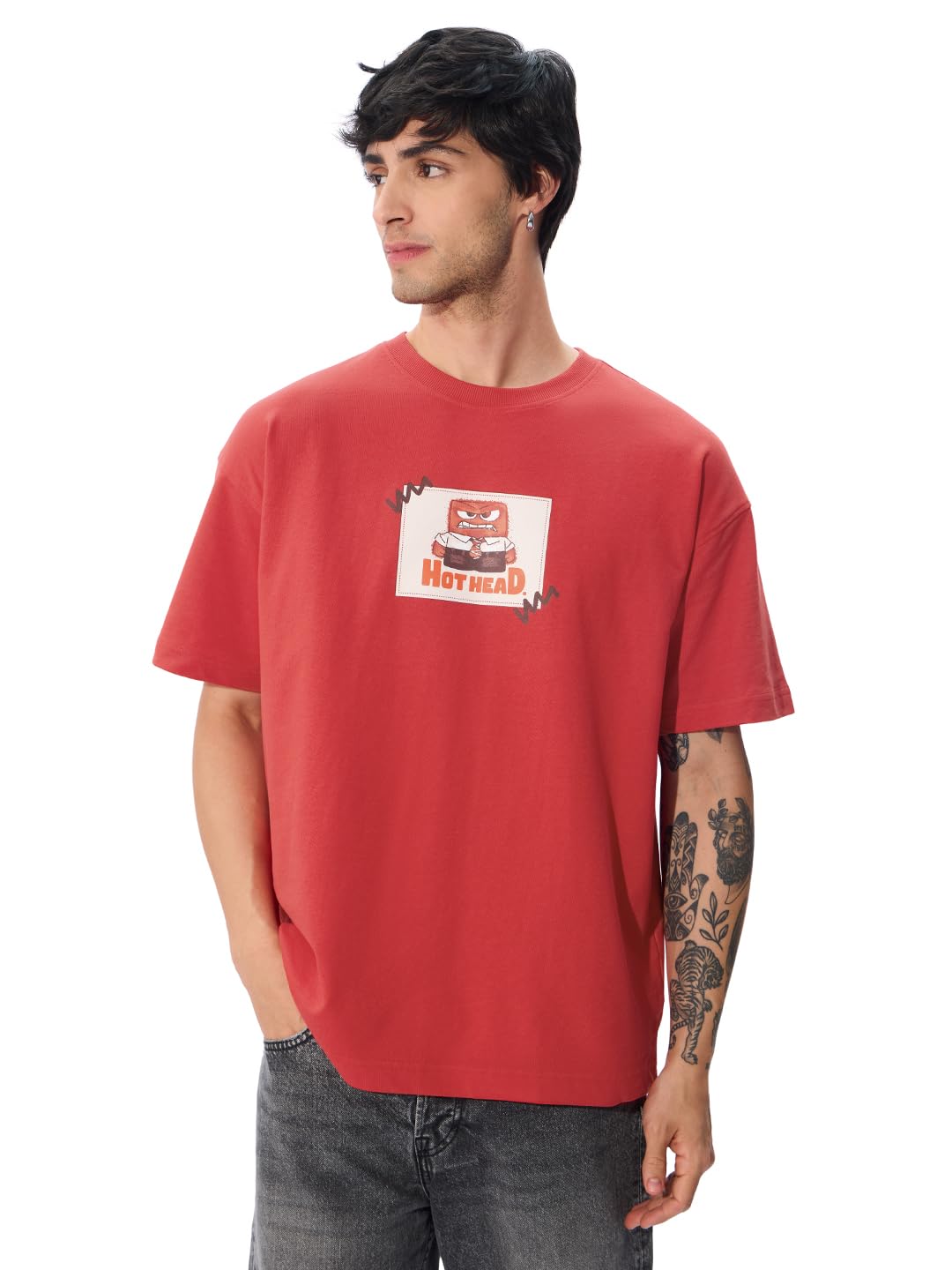 The Souled Store Official Inside Out: Anger Oversized T-Shirt for Men Boys Cotton Casual Half Sleeves Baggy Loose Fit Drop Shoul