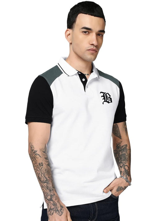Bewakoof Mens Color Blocked Regular Fit Half Sleeve Pure Cotton Polo T-Shirt_685364_White_2XL