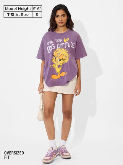 The Souled Store Looney Tunes: Big Attitude Women and Girls Short Sleeves Round Neck Purple Graphic Printed Cotton Oversized Lig