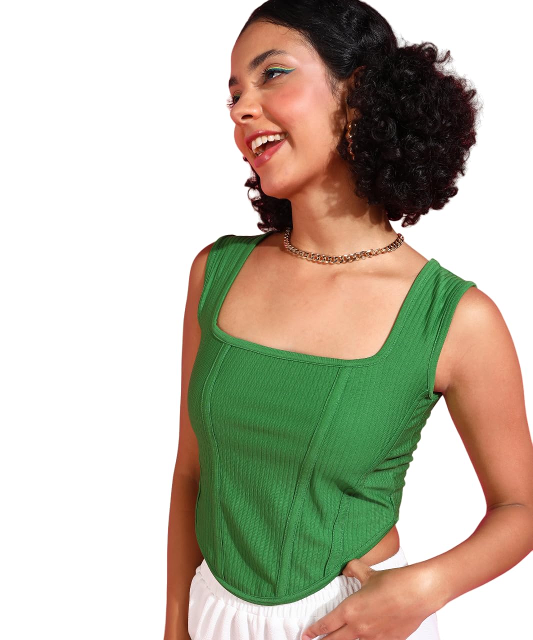 POPWINGS Women Casual Green Corset Crop Top