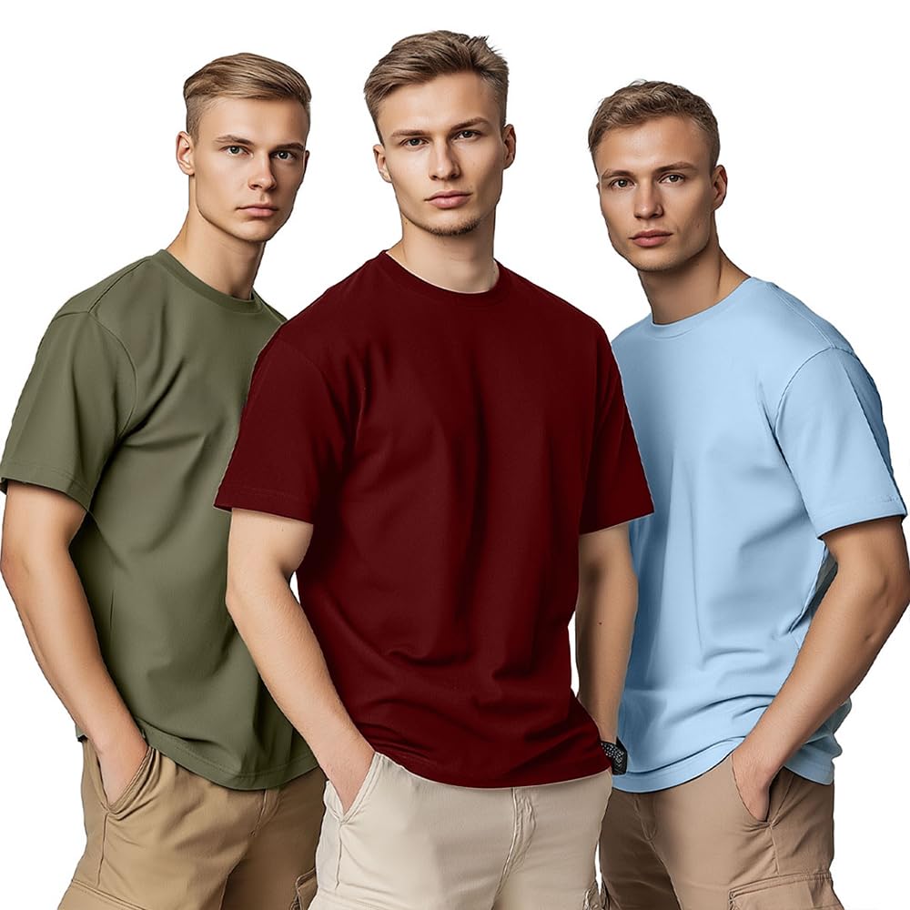 Nobero MenS Solid Regular Fit T-Shirt (1M-Twts-R0008_2_Olive Green/Powder Blue/Wine Red