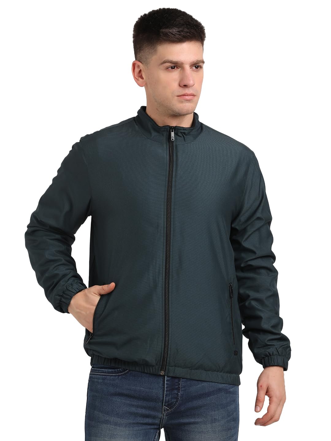 Turtle Men Polyester Solid Dark Green Zipper Windcheater Jacket