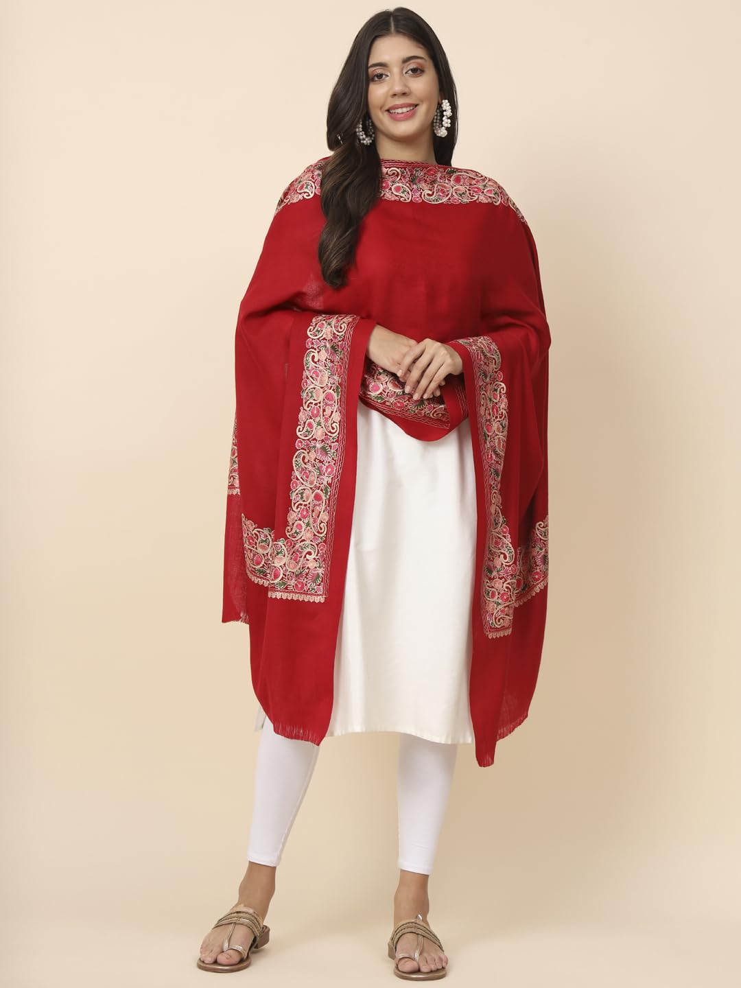 Pashmoda Women Noor Pure Wool Nalki Embroidered Stole (Size 71X203 CM)
