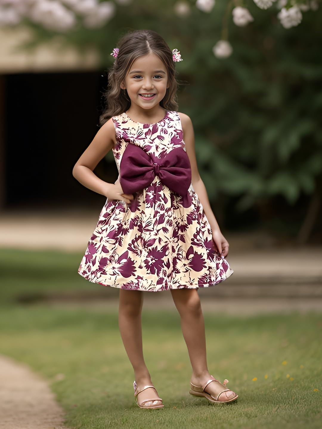 A.T.U.N. (ALL THINGS UBER NICE) Wine Floral Printed Pam Bow Dress for Girls