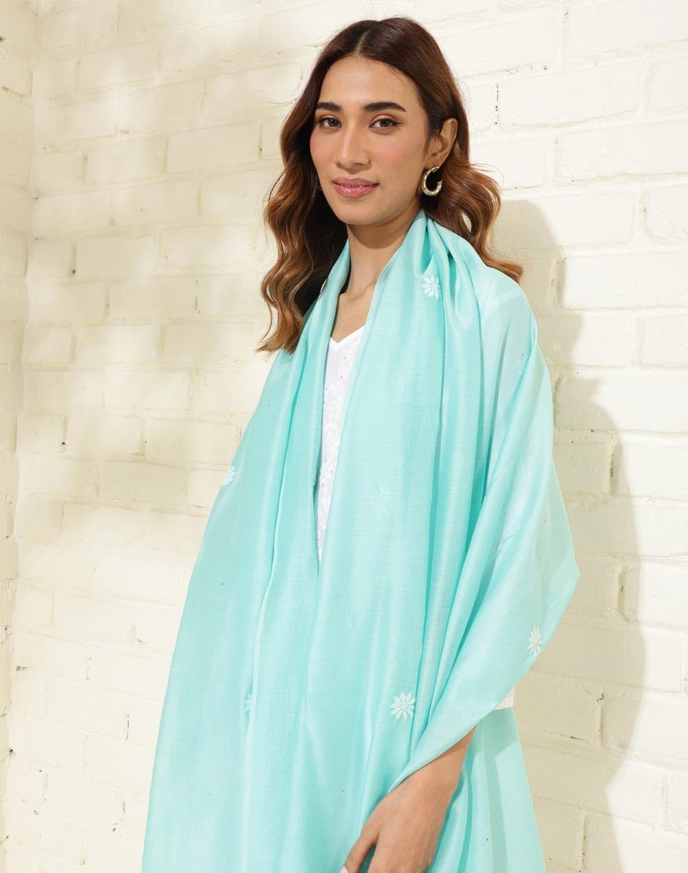 Fabindia Aqua Blue Cotton Silk Chikankari Dupatta (2.5M X 92CM)
