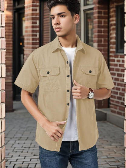 SMOWKLY Mens Casual Solid Printed Cotton Regular Fit Shirt || Half Sleeve, Button Down, Double Front Pocket || Denim Jacket Sty