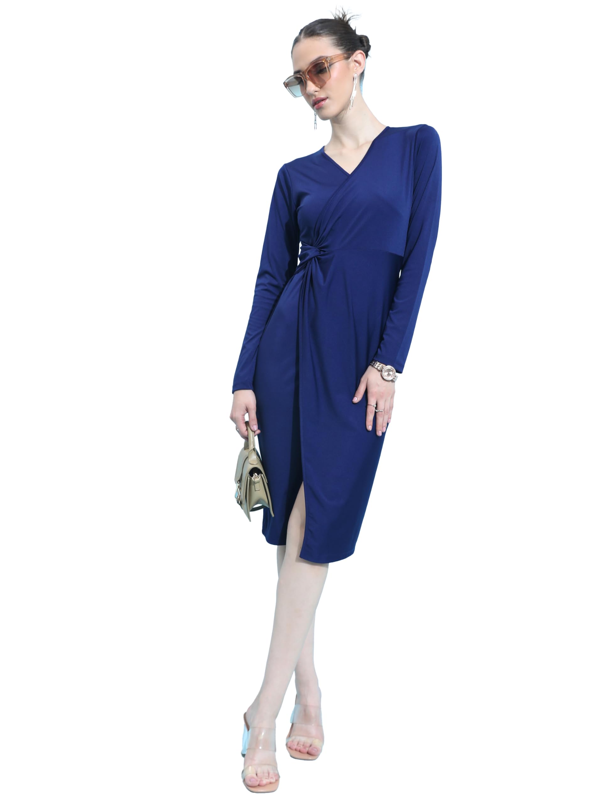 Ketch Women'S Polyester Blend Wrap Knee Length Dress (Khj6000449_Navy Blue_M)