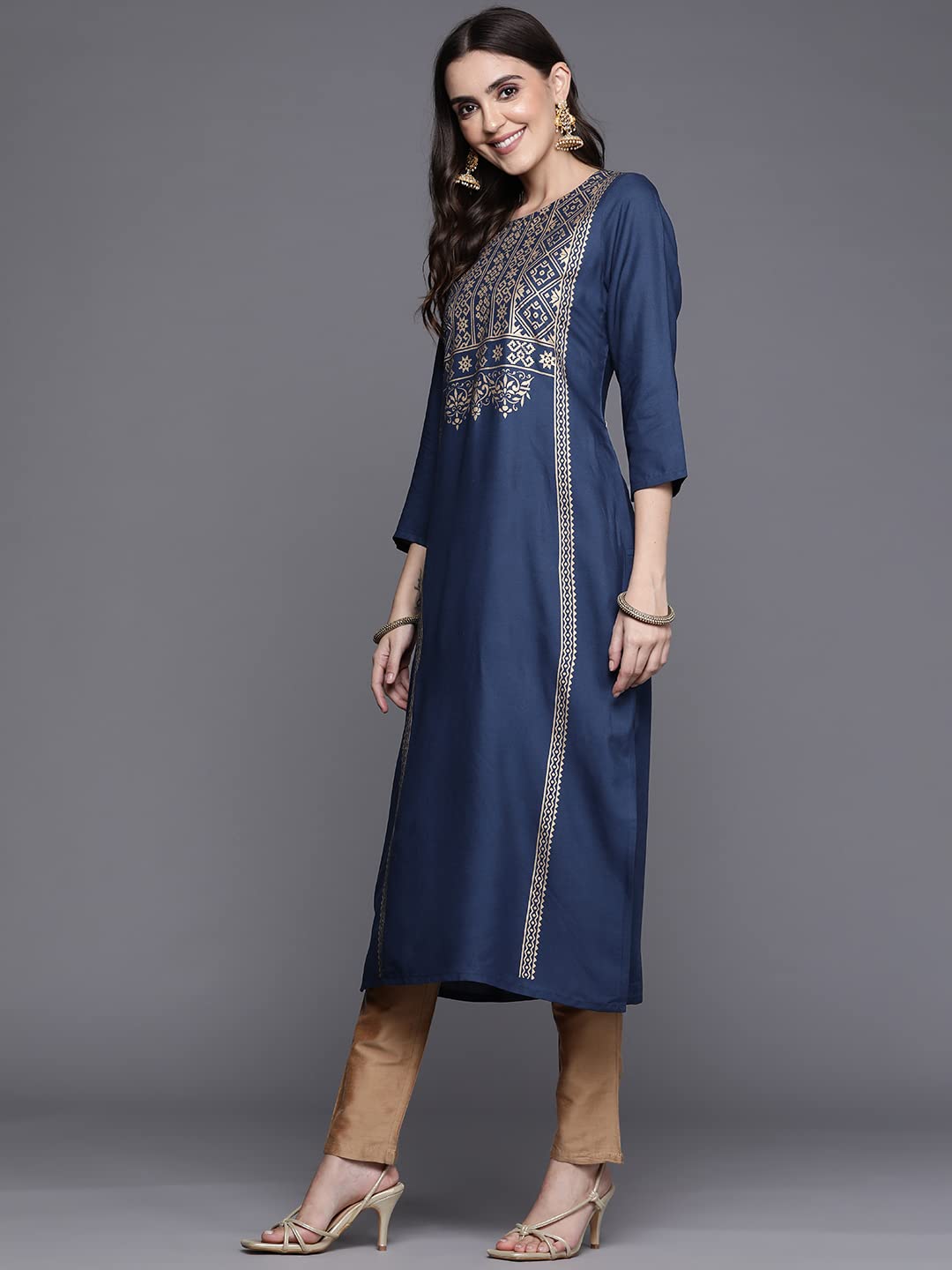 Varanga WomenS Rayon Regular Kurta Set (Vkur309_Navy
