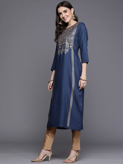 Varanga WomenS Rayon Regular Kurta Set (Vkur309_Navy