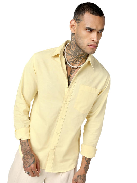 Bewakoof Mens Solid Regular Fit Full Sleeve Cotton Linen Blend Collar Shirt_1004023_Yellow_S