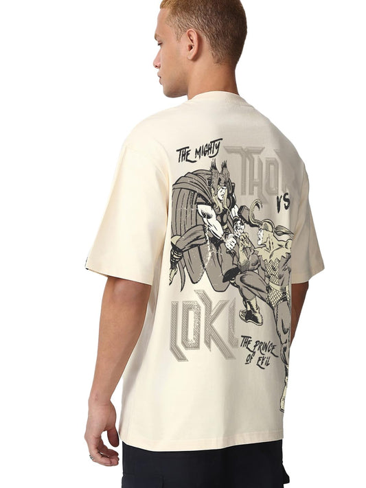 Bewakoof Official Marvel Merchandise Mens Graphic Print Oversized Fit Half Sleeve Round Neck Cotton Jersey T-Shirt_674347_Off W