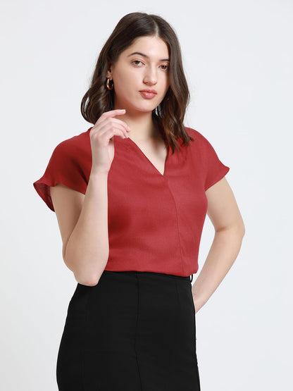 Dennis Lingo Dl Woman Solid Regular Fit V-Neck Short Sleeves Top Red
