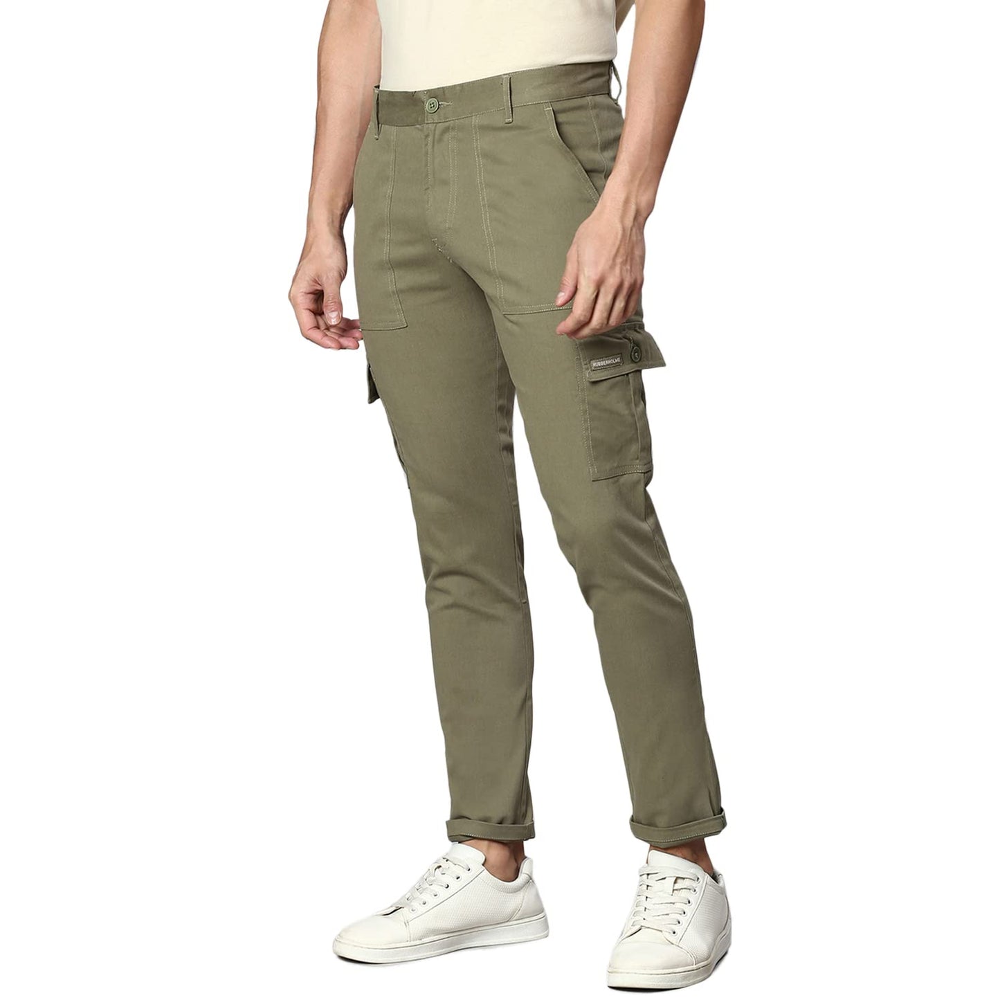 Hubberholme MenS Regular Fit Cotton Trousers With Patch Pockets, Ankle Length Button Closure Cargo Chinos Light Olive