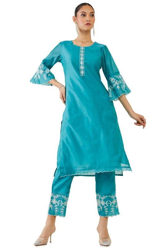 Soch Women Blue Chanderi Solid Kurta Set