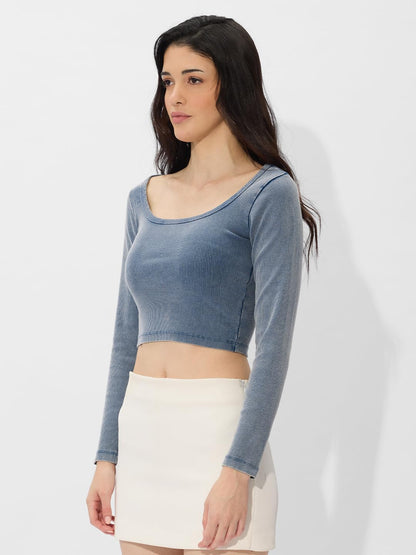 The Souled Store Solids: Acid Wash Blue Women and Girls Long Sleeves Square Neck Cotton Blend Slim Fit Cropped Tops