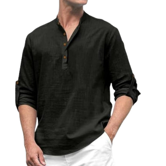 Macsivo MenS Cotton Polyster Blend Solid Short Kurta With Mandarin Collar Full Sleeve Button Closure Curved Hem Regular Fit | S