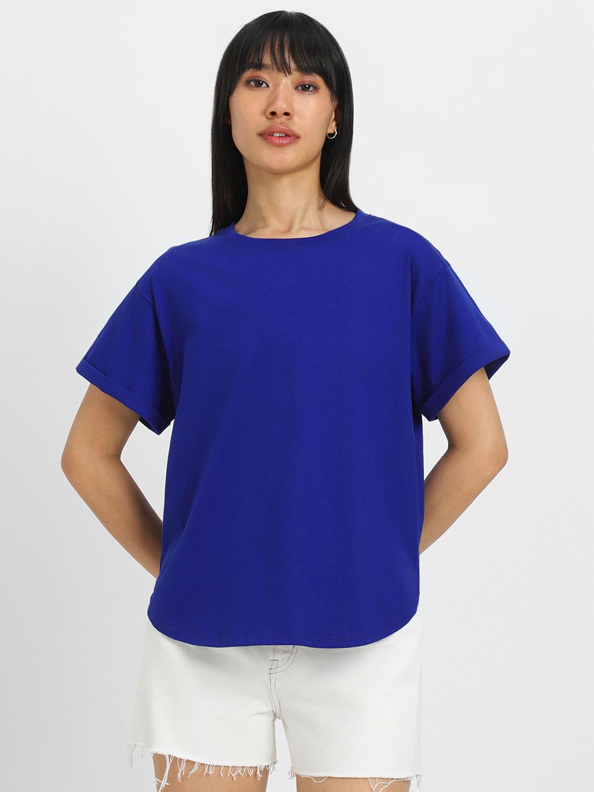 Juneberry Pure 100% Cotton Oversized Loose Baggy Fit Round Neck With Drop Shoulder Black & Royal Blue Half Sleeves Boyfriend T-S
