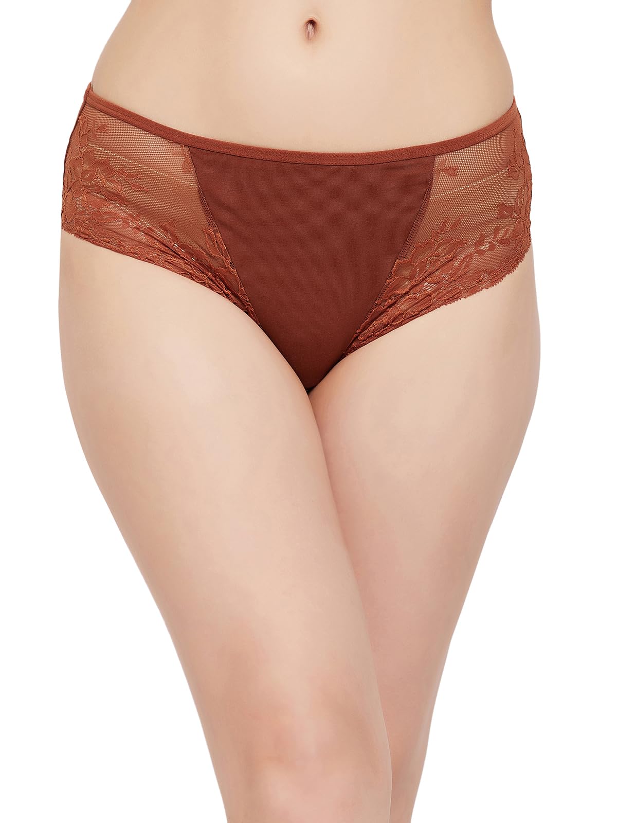 Clovia Womens Cotton Mid Waist Hipster Panty with Lace Panels (PN2587P06_Brown_S)