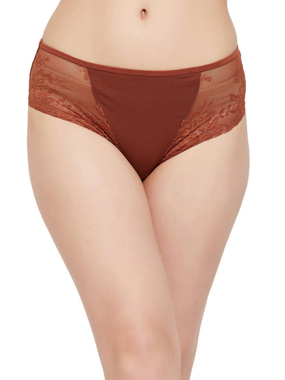 Clovia Womens Cotton Mid Waist Hipster Panty with Lace Panels (PN2587P06_Brown_S)