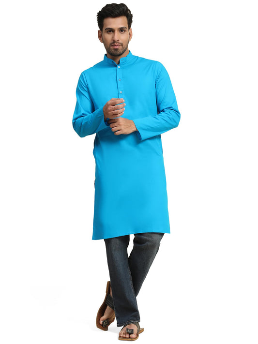 Skavij MenS Cotton Kurta Summer Casual Long Shirt Regular Fit Turquoise_Medium