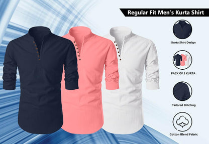 Finivo Fashion MenS Cotton Blend Regular Fit Solid Casual Kurta Shirt Pack Of 3