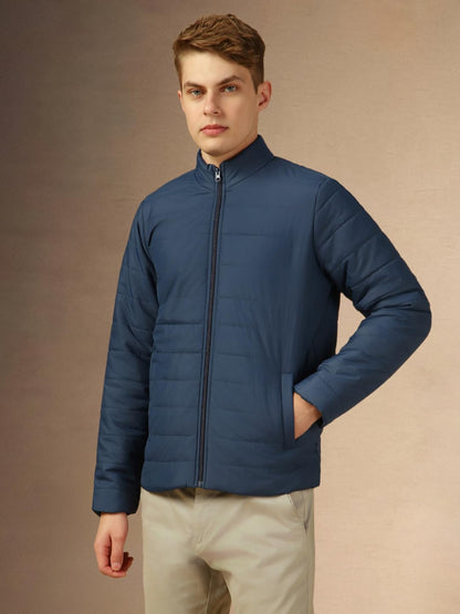 Dennis Lingo Men Blue Solid Regular Fit Full Sleeve Mock Collar Padded Jacket