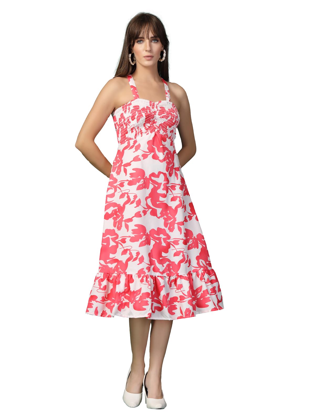 Oomph! WomenS Western & Fusion Wear Printed Crepe Dress For Women, Smocked Bodice, White - Md1052